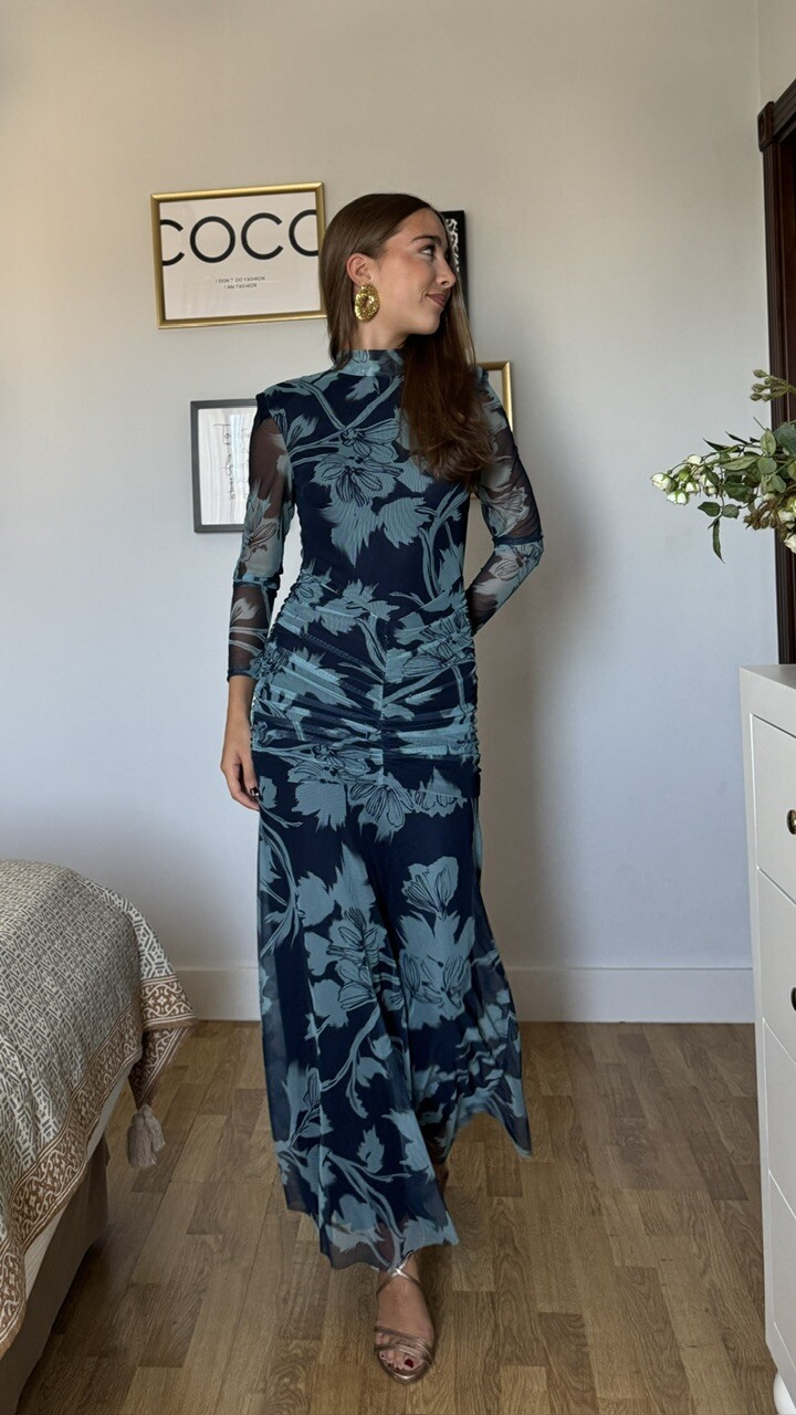 Vestido Tul Claret Estampado Azul
