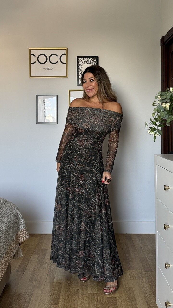 Vestido Tul Leonor Estampado Verde Botella - Imagen 2