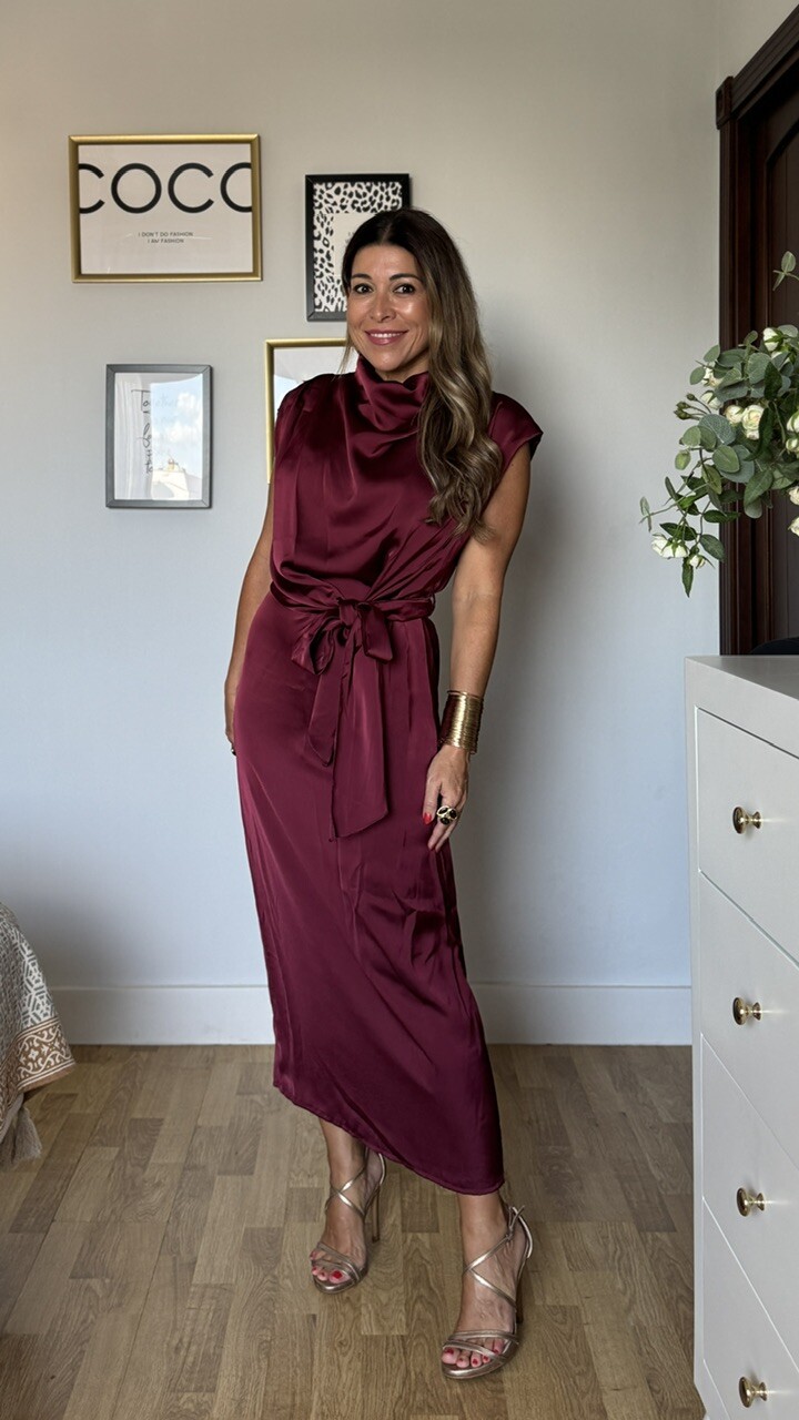 Vestido Génova Satinado Burdeos - Imagen 3