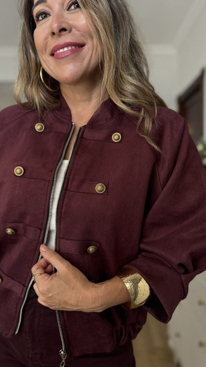 Chaqueta Bomber antelina napoleón berenjena - Imagen 4