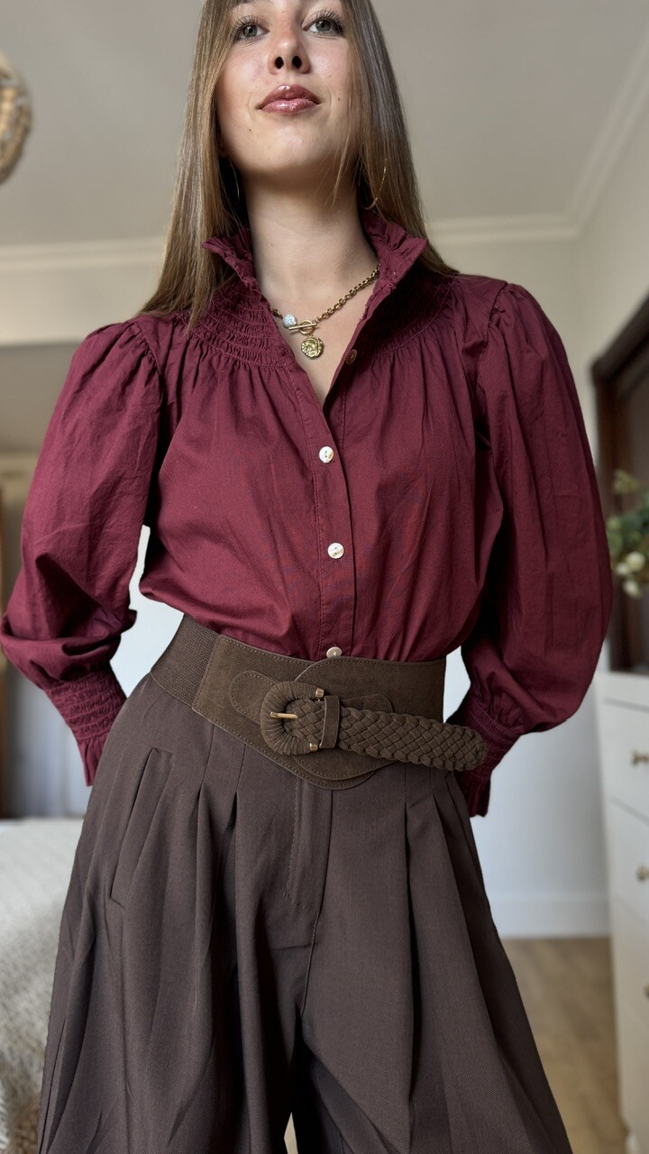 Camisa cuello frunce burdeos - Imagen 2