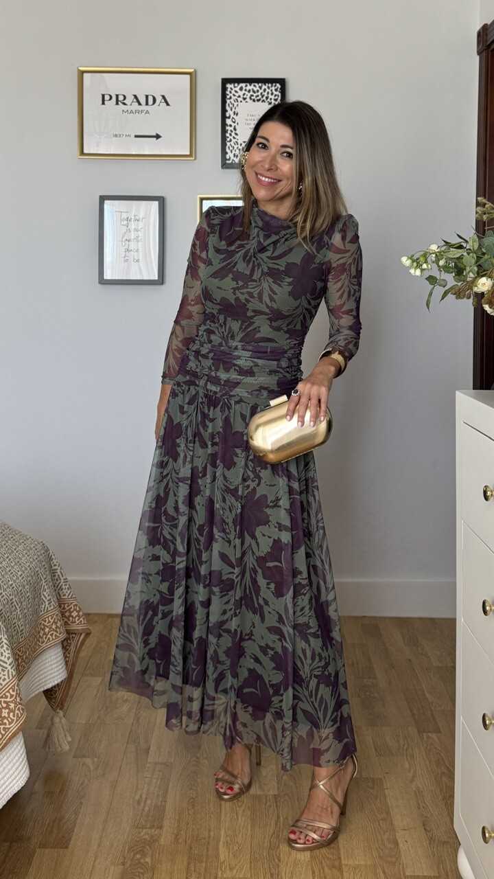 Vestido Invitada Tul Zoe Estampado Verde berenjena - Imagen 13
