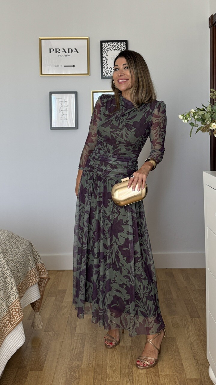 Vestido Invitada Tul Zoe Estampado Verde berenjena - Imagen 10