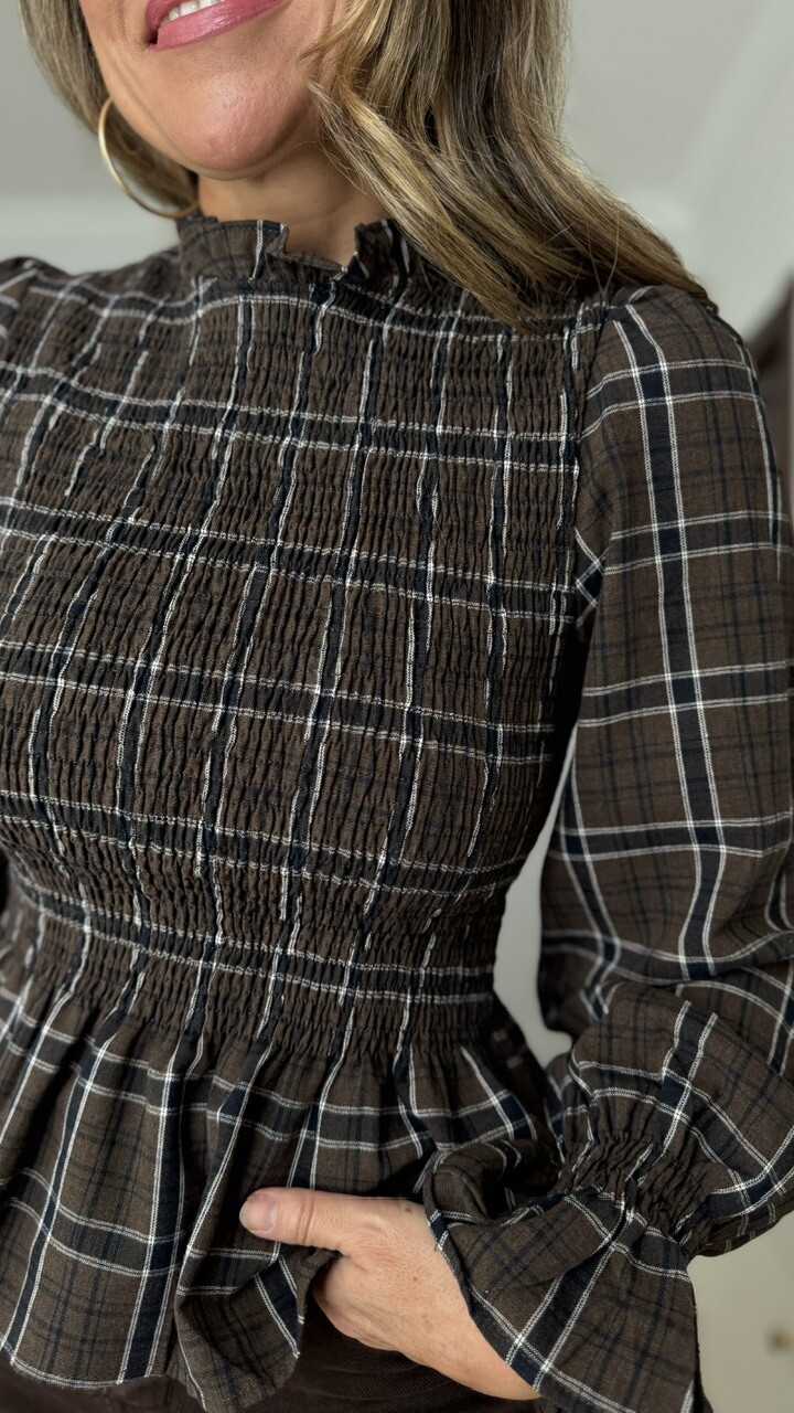 Blusa fruncida cuadros marrón - Imagen 2