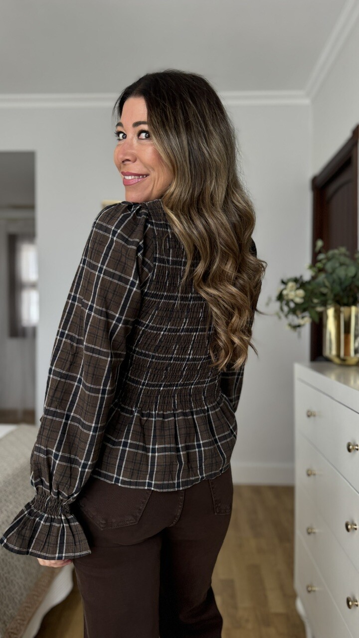 Blusa fruncida cuadros marrón - Imagen 3
