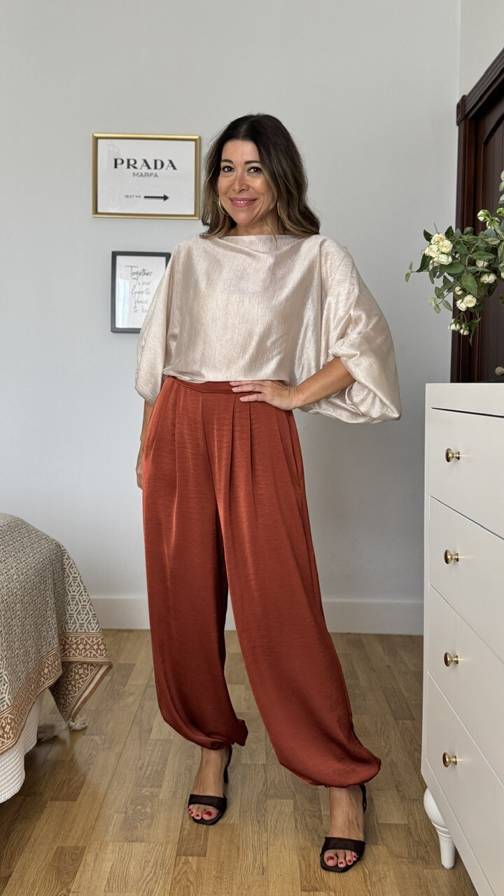 Pantalón bombacho satinado teja 2 - Imagen 9