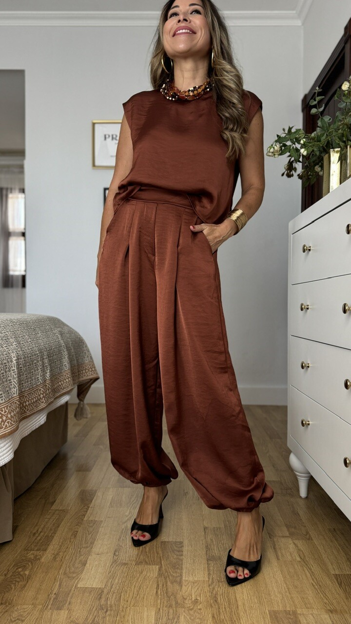 Pantalón Bombacho Satinado Teja - Imagen 8