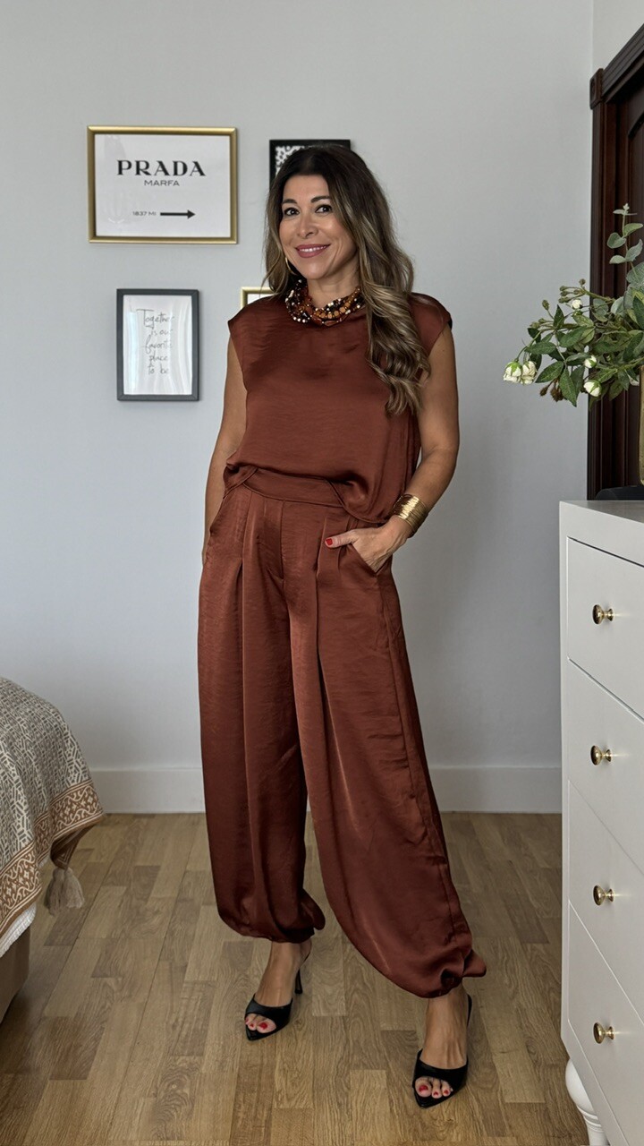 Pantalón Bombacho Satinado Teja