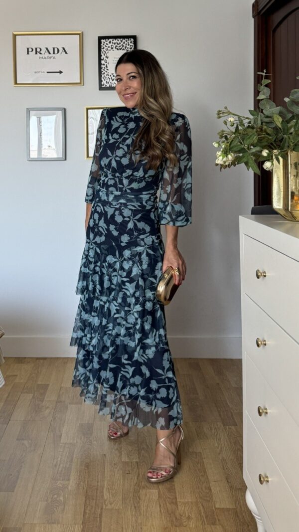 Vestido Invitada Aldara Estampado Azul Marino