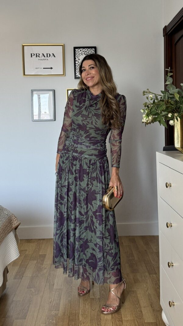 Vestido Invitada Tul Zoe Estampado Verde berenjena