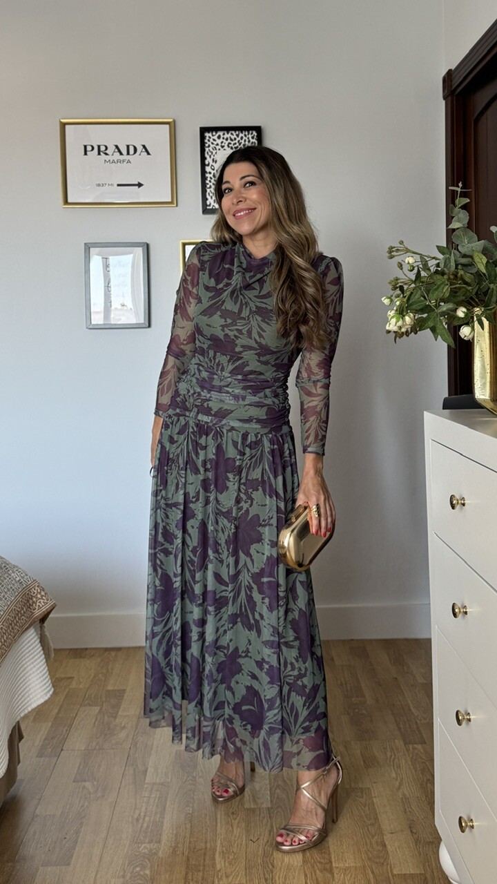 Vestido Invitada Tul Zoe Estampado Verde Caza
