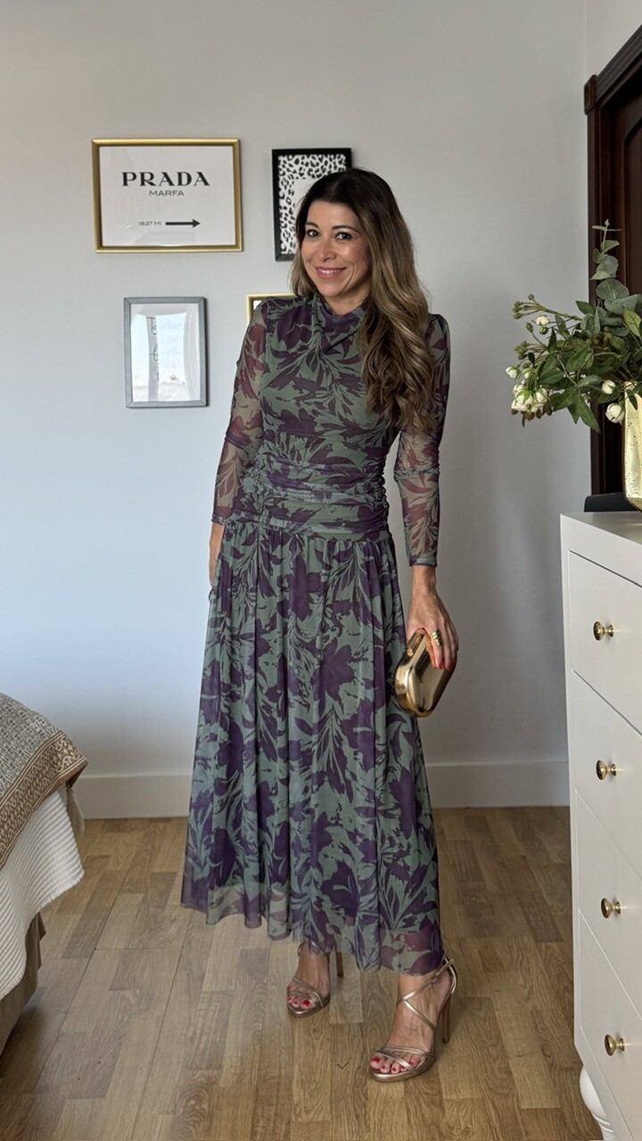 Vestido Invitada Tul Zoe Estampado Verde Caza - Imagen 3