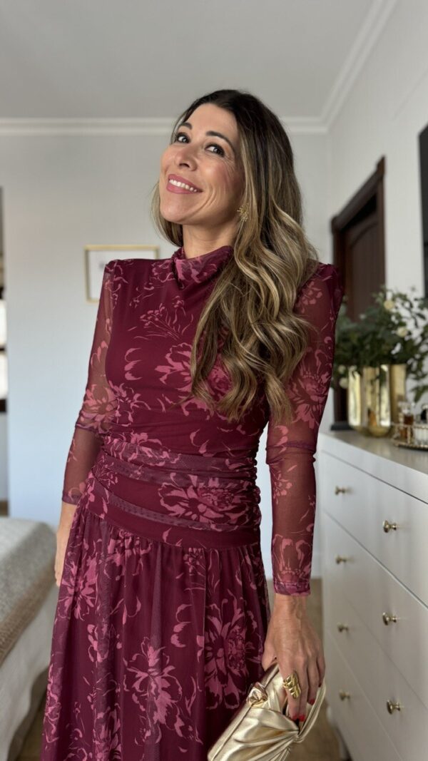 Vestido Invitada Tul Zoe Estampado Burdeos
