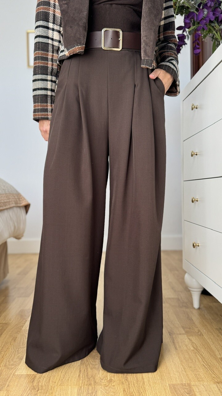 Pantalón Cinturón Pinzas Marrón Chocolate - Imagen 6