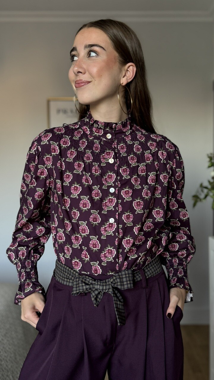 Camisa Cuello Frunce Estampada Flores Berenjena