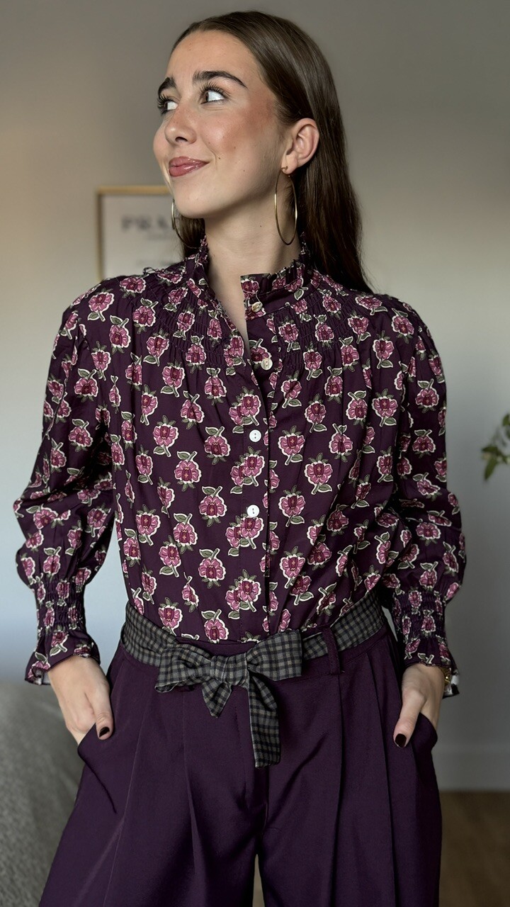 Camisa Cuello Frunce Estampada Flores Berenjena - Imagen 4