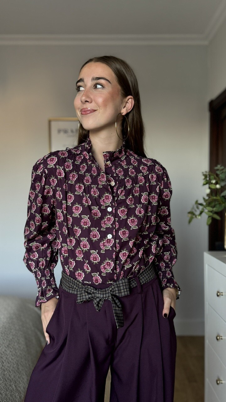 Camisa Cuello Frunce Estampada Flores Berenjena - Imagen 5