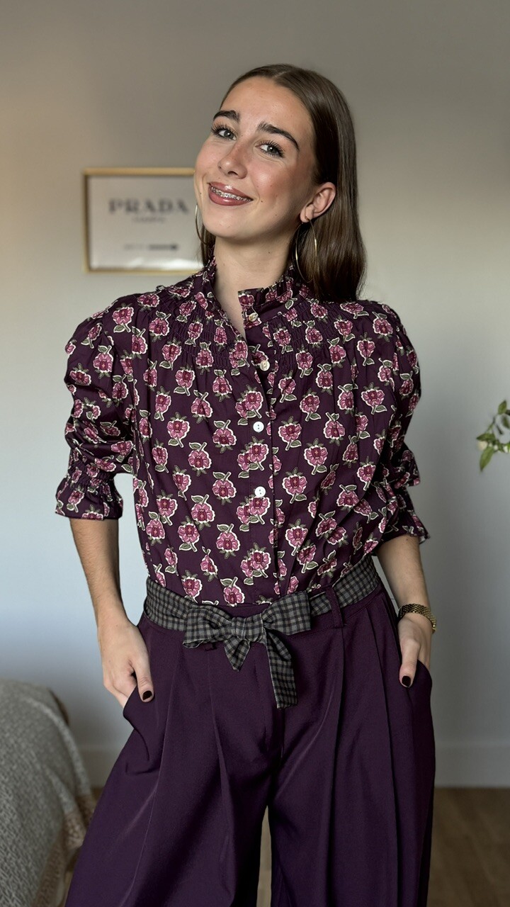 Camisa Cuello Frunce Estampada Flores Berenjena - Imagen 8