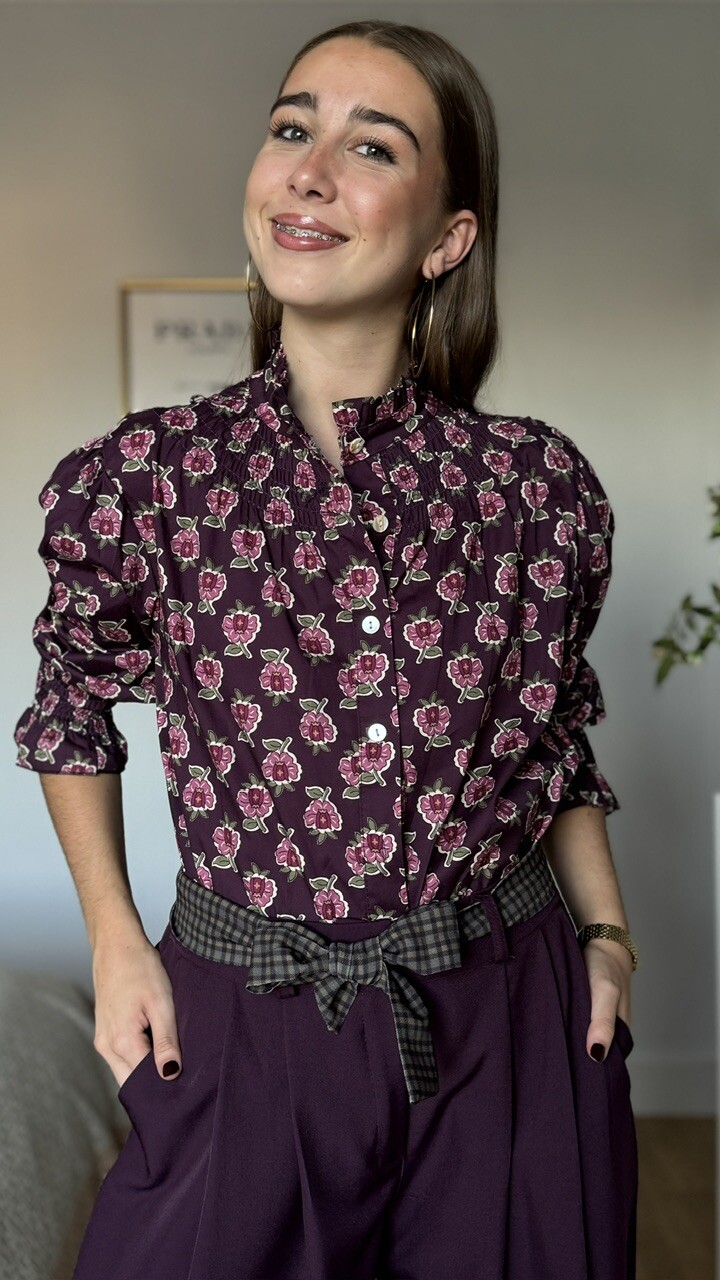 Camisa Cuello Frunce Estampada Flores Berenjena - Imagen 2