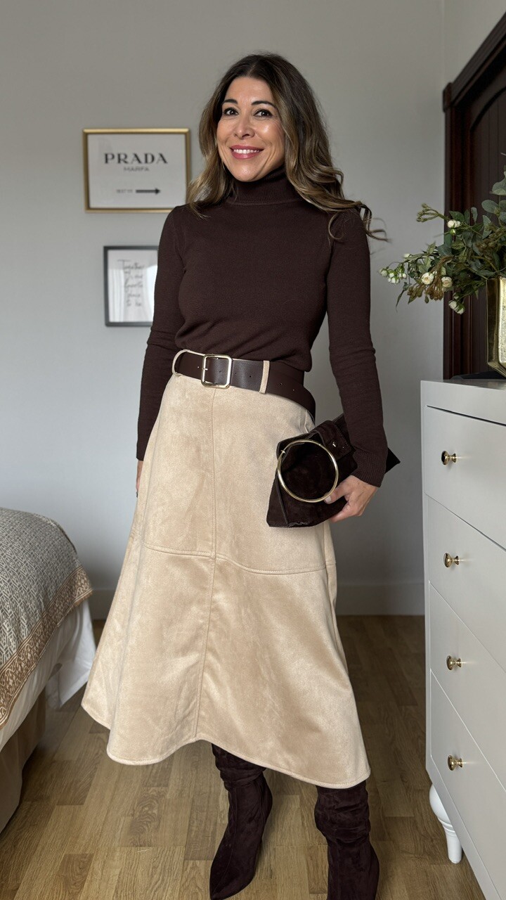 Falda Evasé Cinturón Antelina Beige - Imagen 9