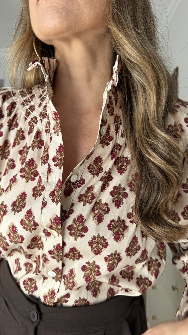Camisa Cuello Frunce Estampado Ramito Beige - Imagen 5