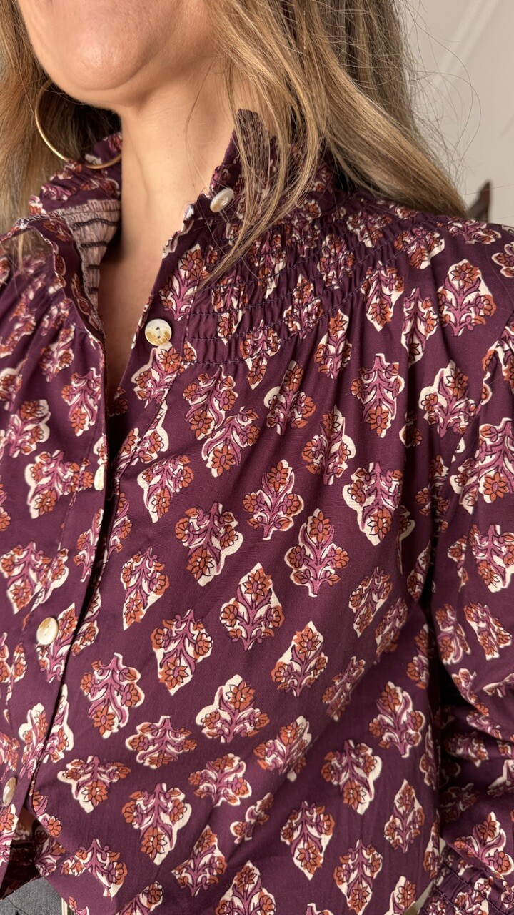 Camisa Cuello Frunce Estampado Ramito Berenjena - Imagen 5