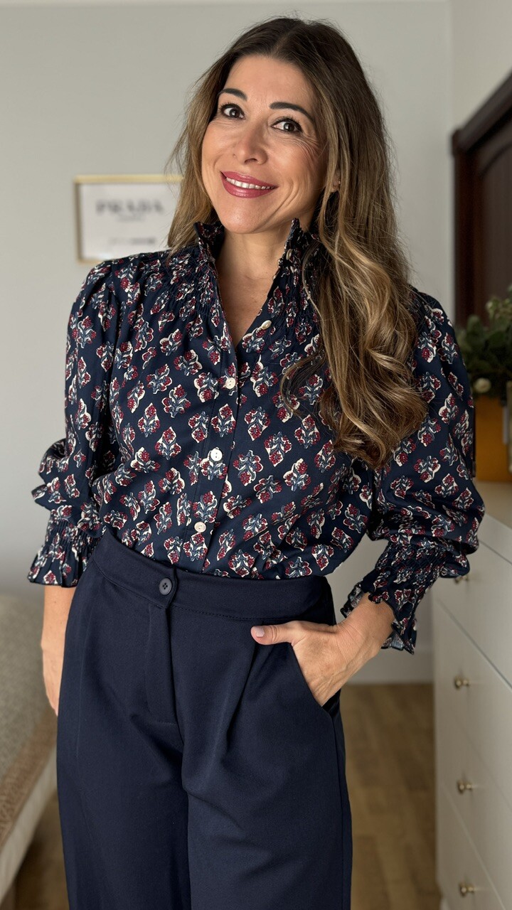Camisa Cuello Frunce Estampado Ramito Azul Marino - Imagen 4