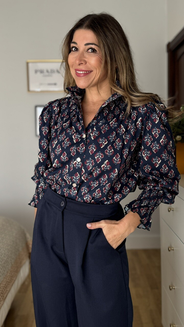 Camisa Cuello Frunce Estampado Ramito Azul Marino - Imagen 9