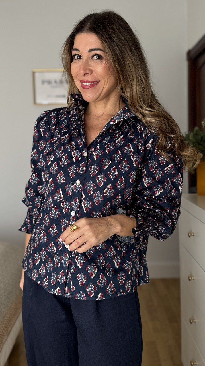 Camisa Cuello Frunce Estampado Ramito Azul Marino - Imagen 2