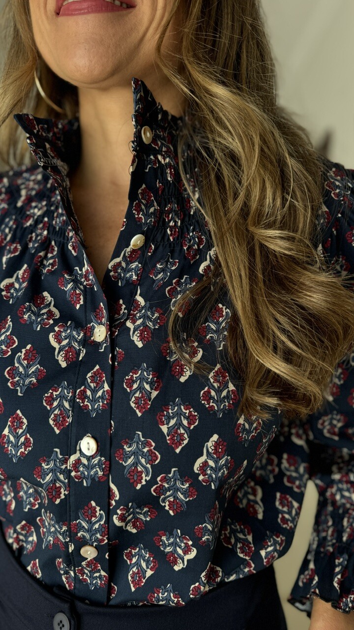 Camisa Cuello Frunce Estampado Ramito Azul Marino - Imagen 10