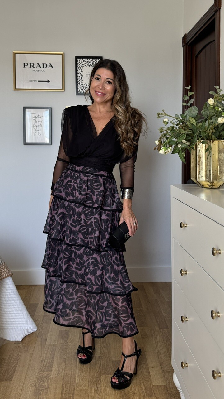 Falda Volantes Gasa Estampada Negra - Imagen 8
