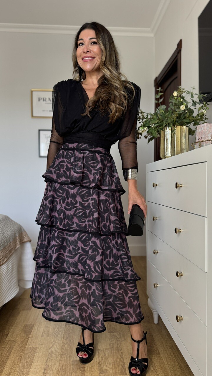 Falda Volantes Gasa Estampada Negra - Imagen 5