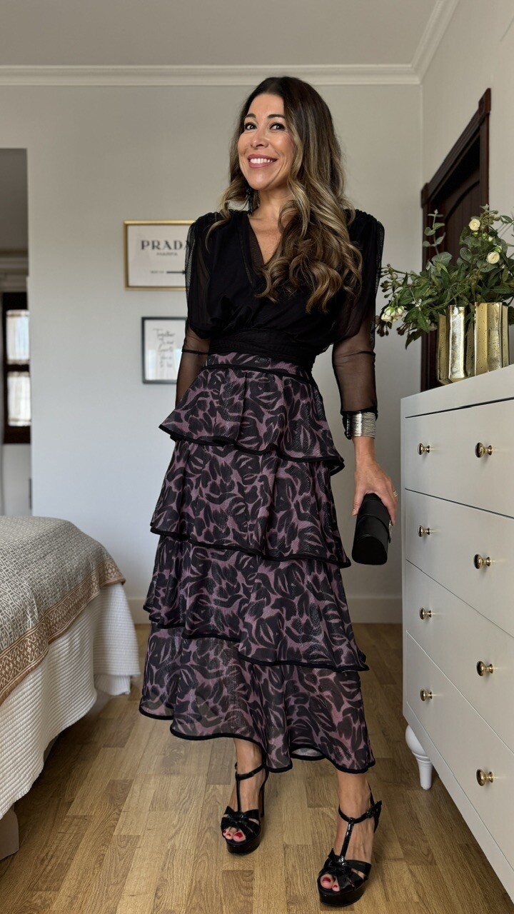 Falda Volantes Gasa Estampada Negra - Imagen 7