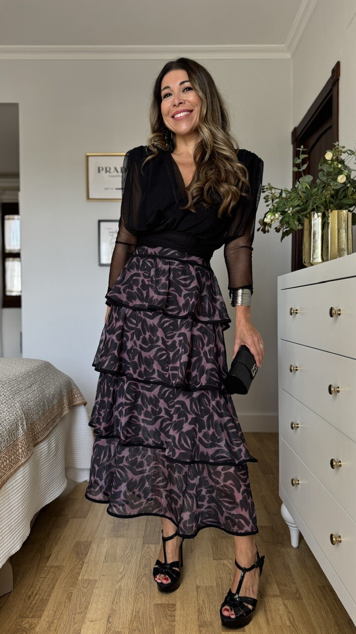 Falda Volantes Gasa Estampada Negra - Imagen 2