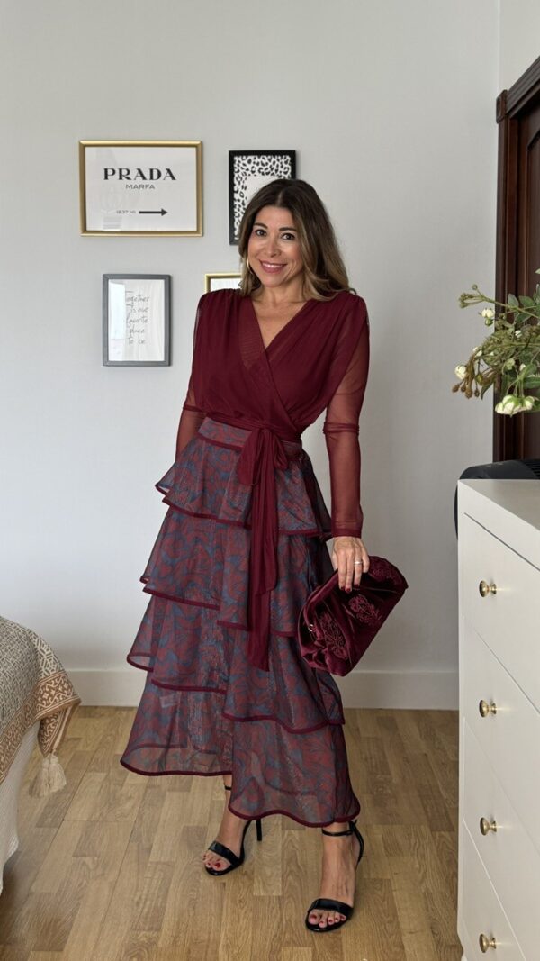 Falda Volantes Estampado Burdeos