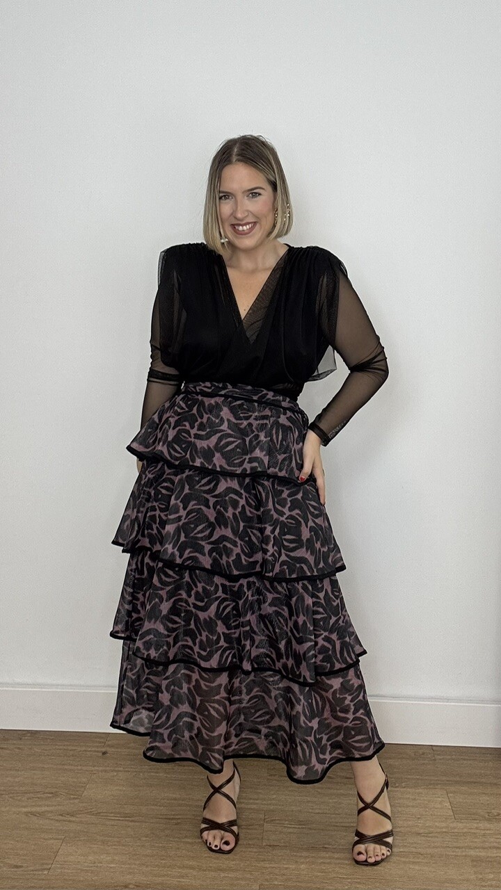 Falda Volantes Gasa Estampada Negra - Imagen 13