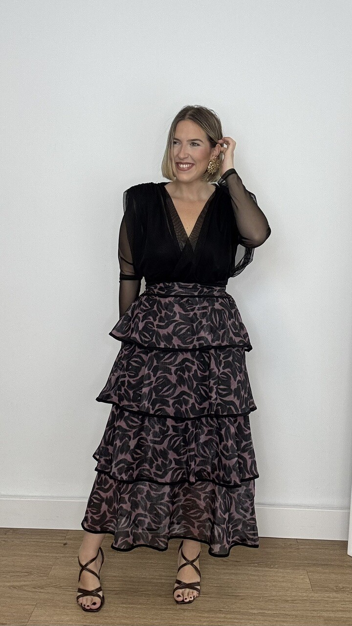Falda Volantes Gasa Estampada Negra - Imagen 11