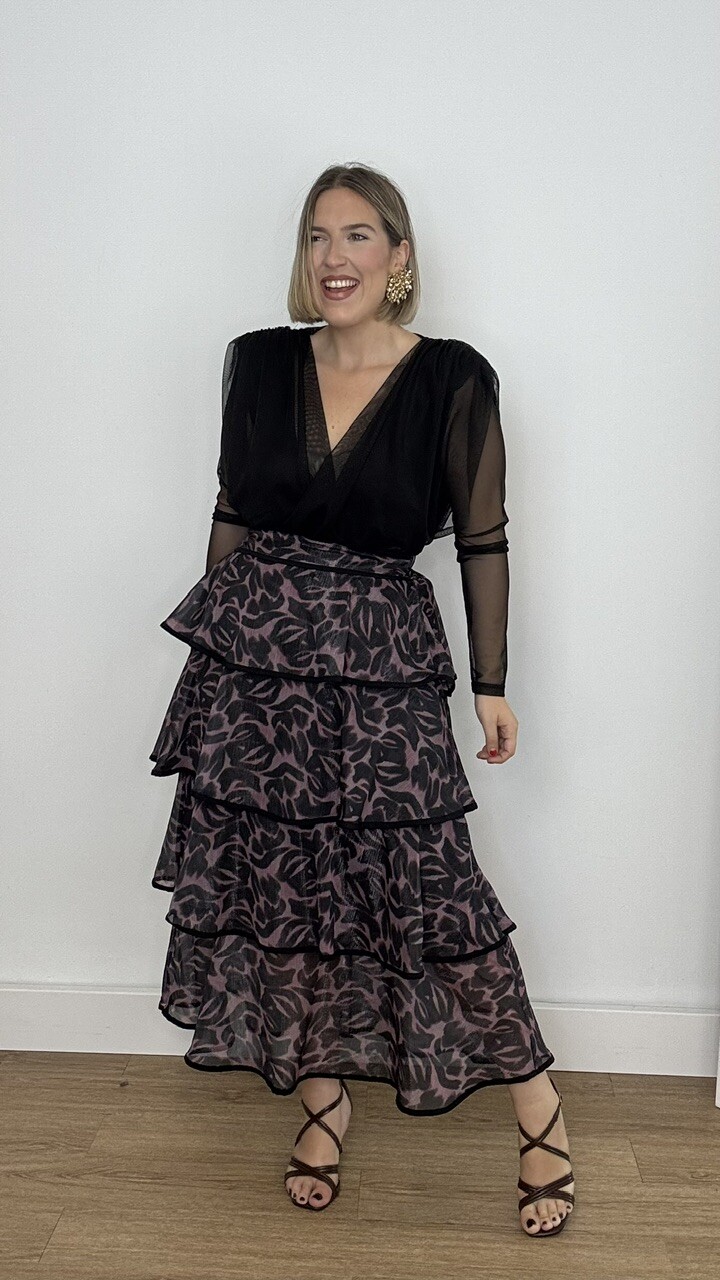Falda Volantes Gasa Estampada Negra - Imagen 12