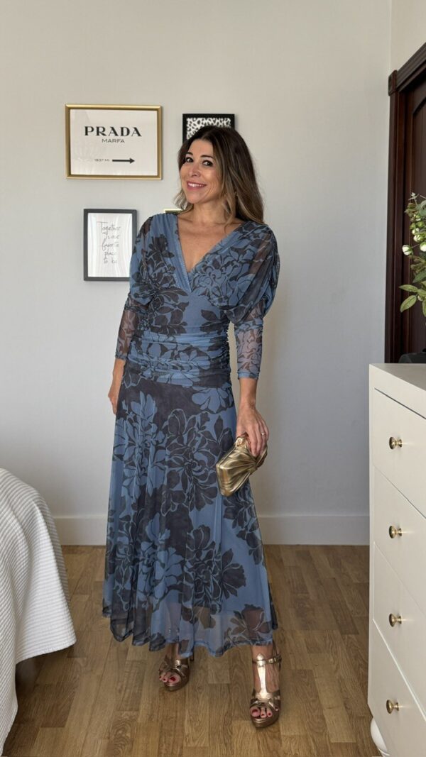 Vestido Invitada Tul Gabriela Estampado Gris