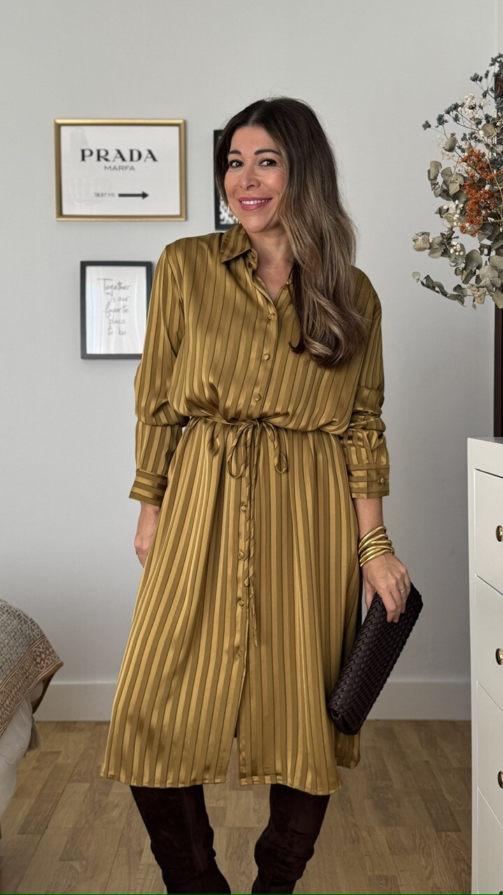 Vestido Camisero Satinado Mostaza - Imagen 4