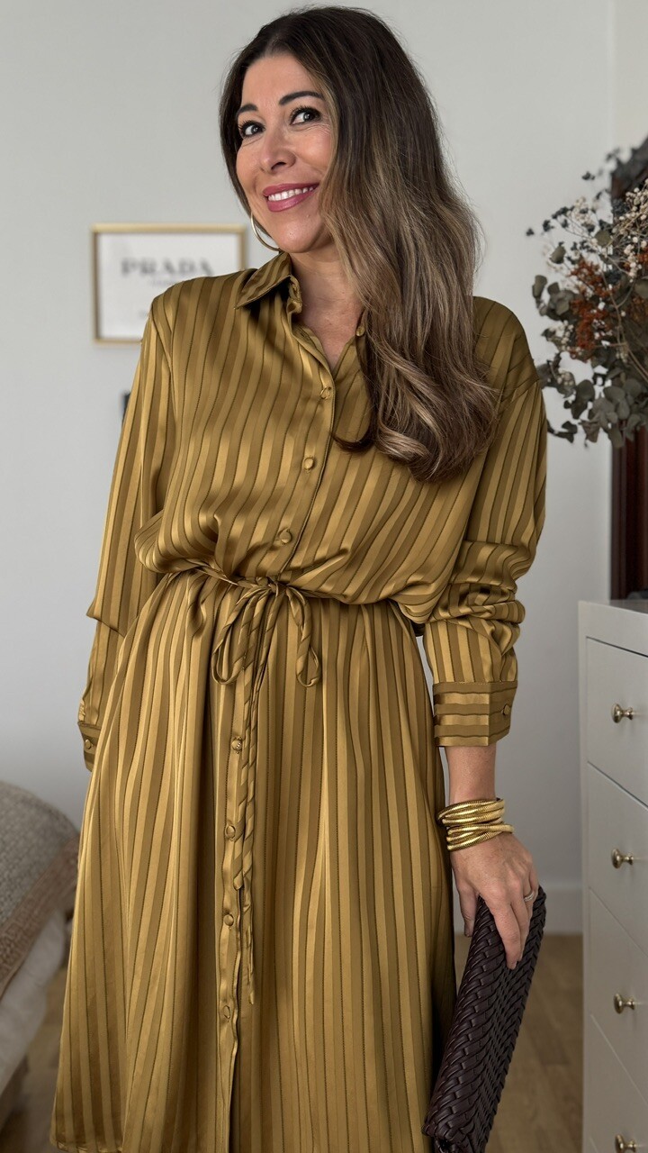 Vestido Camisero Satinado Mostaza - Imagen 5