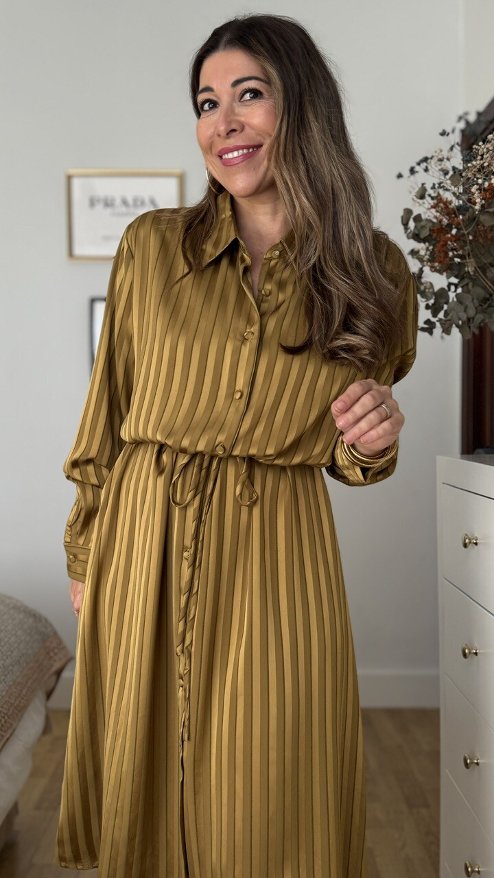 Vestido Camisero Satinado Mostaza - Imagen 8