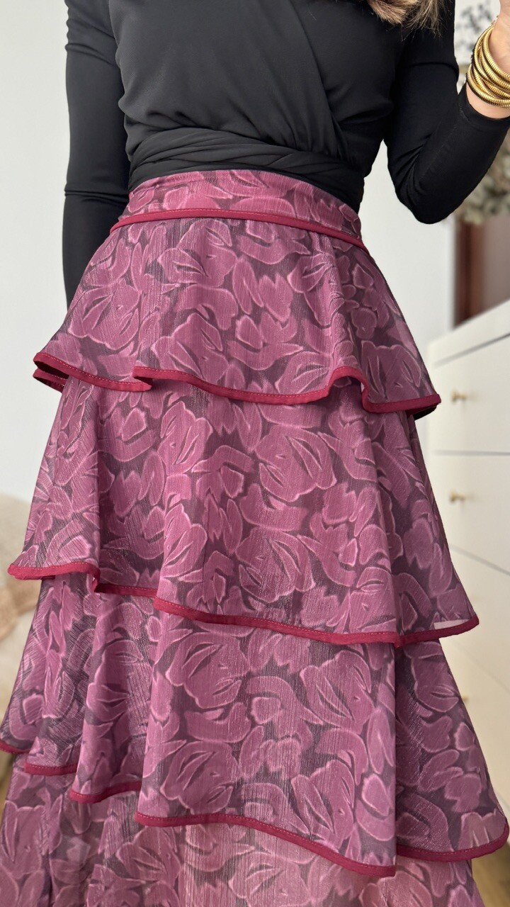 Falda Volantes Gasa Estampada Burdeos - Imagen 5