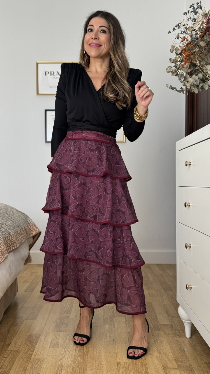 Falda Volantes Gasa Estampada Burdeos - Imagen 2