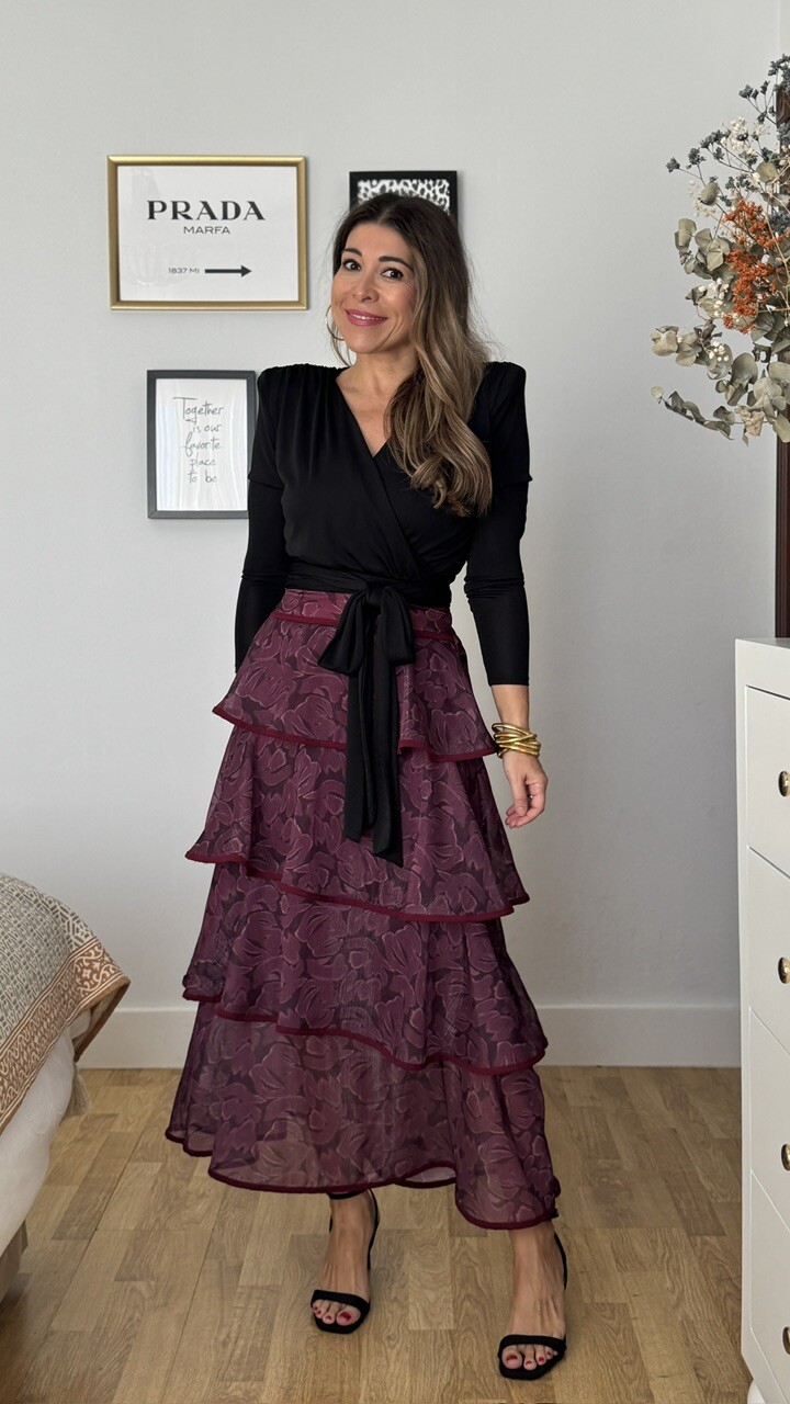 Falda Volantes Gasa Estampada Burdeos - Imagen 3
